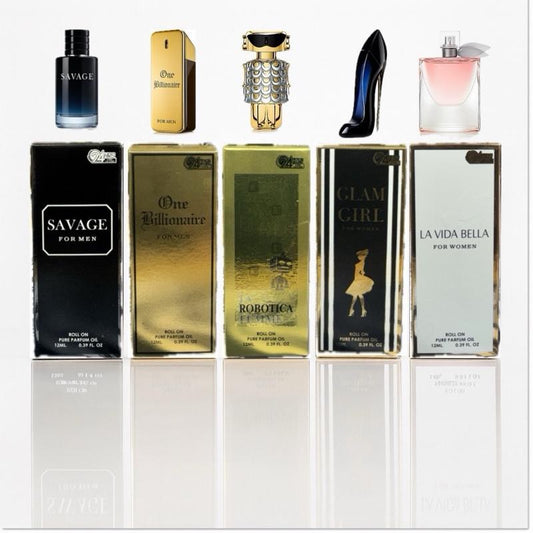 Oil (24 HOURS) LONG LASTING (Pack of 5) Sauvage, One Billionaire, Robotica Femme, Glam Girl, La Vida Bella – 12ml-Based Fragrance Rollerball | Travel Friendly