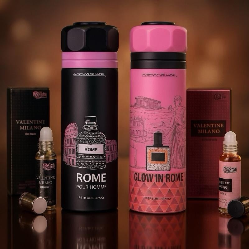 Valentine Milano Rome Pour Homme & Glow in Rome Perfume Spray 200ml Duo + Oils 12ml for Men & Women Fresh Mineral Accords Woody Mineral Depth Fragrance Long Lasting Fragrance Cologne