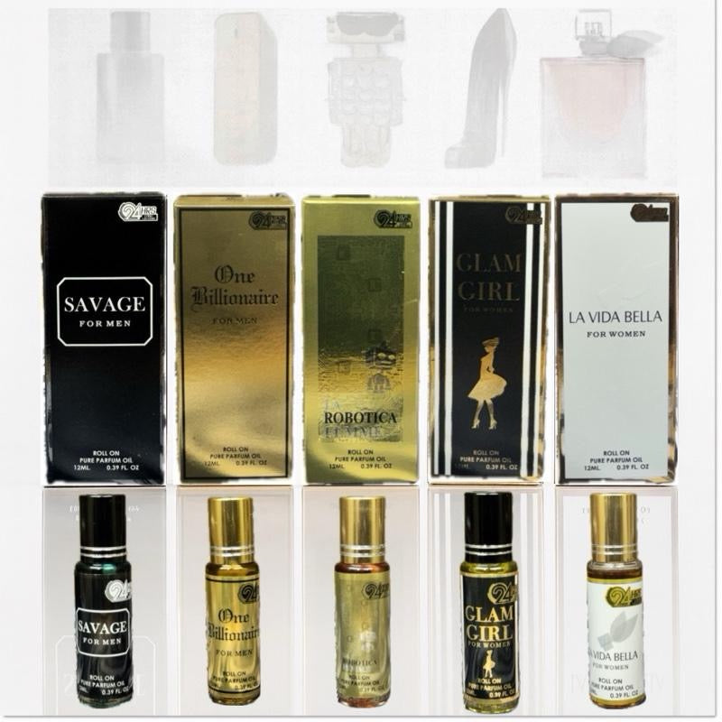 Oil (24 HOURS) LONG LASTING (Pack of 5) Sauvage, One Billionaire, Robotica Femme, Glam Girl, La Vida Bella – 12ml-Based Fragrance Rollerball | Travel Friendly